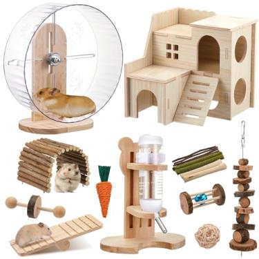 Imagem de Sonwyoung Conjunto de 18 brinquedos para hamster, 15 brinquedos para mastigar animais pequenos, casa de madeira de labirinto, rodas de exercício silenciosas e conjunto de garrafa de água para hamster