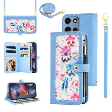 Imagem de Furiet Capa carteira floral para Motorola Moto G 5G 2025 com alça de pulso/ombro flip com zíper, suporte de cartão de crédito de couro PU de luxo acessórios para celular G5G 5 G G5 feminino azul