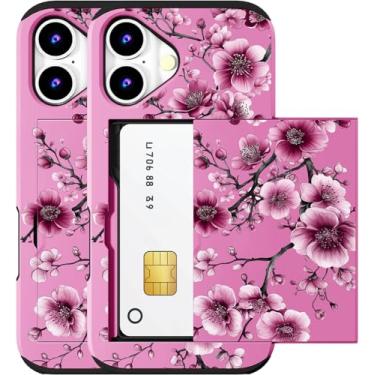 Imagem de MUQR Capa compatível com iPhone 16 Plus com porta-cartão fofo - Design Kawaii, proteção contra quedas de nível militar, capa carteira robusta para mulheres (flor de cerejeira rosa)