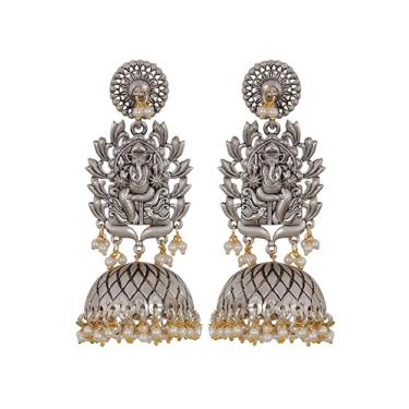 Imagem de Brincos de pérola de latão polido em prata com templo étnico tradicional antigo de bollywood, joias étnicas indianas, roupa de festa, brincos Jhumka
