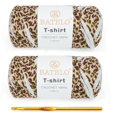 Imagem de BATELO Pacote com 2 fios de camiseta para iniciantes em crochê/cesta/porta-copos de 400 g/144 m de tecido elástico de poliéster grosso (leopardo floral)