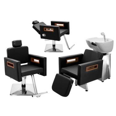 Imagem de Kit Salão de Beleza 1 Cadeira Fixa + 1 Reclinável Quadrada + 1 Lavatório C/Ap Base Inox...