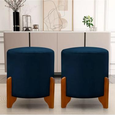 Imagem de Kit 2 Puff Redondo Veludo Com Pés Em Madeira Maciça Decorativo Sala Quarto 