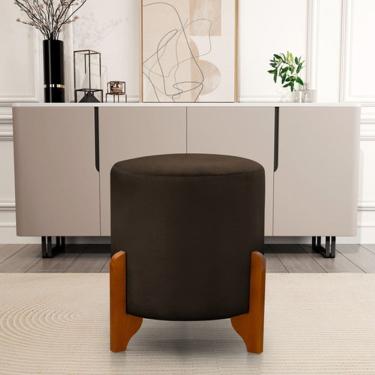 Imagem de Puff Redondo Em Veludo Com Pés Em Madeira Maciça Decorativo Sala Quarto