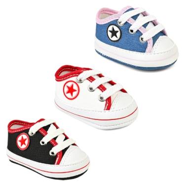 Imagem de Kit 3 pares Sapatinho De Bebe para recém nascido T12 (JEANS/ROSA E BRANCO/VERMELHO E PRETO/VERMELHO, BR, Bebê, Numérico, 18)
