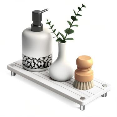 Imagem de Organizador de pia de cozinha de secagem rápida, bandeja de pedra absorvente de água para pia, bandeja de secagem de pedra, tapete e protetor de torneira de diatomita, suporte de esponja dispensador