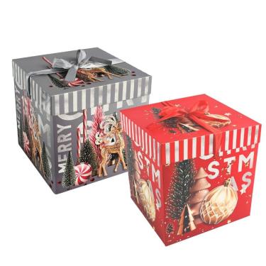 Imagem de Kit 2 Caixas Embalagem Monta Fácil Decorada Natal Panetone e Presentes Com Laço