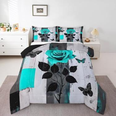 Imagem de jejeloiu Jogo de cama king size com flores rosa azul-petróleo, borboleta, vintage, rústico, fazenda, madeira, arte geométrica, moderna, edredom para decoração de quarto