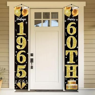 Imagem de BlissYard Conjunto de faixa de porta de aniversário de 60 anos 30 x 182 cm balões dourados com glitter vintage 1965 números verticais branco caligrafia feliz 60º bolo decoração de festa pendurar na