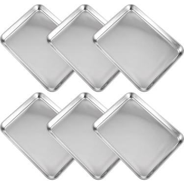 Imagem de Conjunto de 6 peças de assadeira para forno, aço inoxidável, antiaderente, pequena bandeja de servir, torradeira de bolo, bandejas de metal, para forno e lava-louças (26 x 20 x 2 cm)