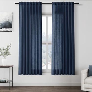 Imagem de Cortinas de linho azul jeans para sala de estar 153 cm de comprimento, conjunto de 2 painéis, cortinas de linho com filtro de luz, para cozinha, janelas, bolso traseiro, aba curta, transparente