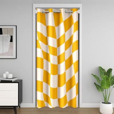Imagem de Cortina de porta infantil xadrez geométrico, quadriculado, abstrato, quadriculado, moderno, porta de quarto, sala de estar, arte em treliça amarela brilhante privacidade porta drapeado 1 painel, 107