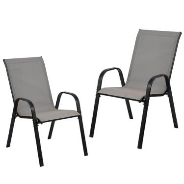Imagem de Bylring Cadeiras de jantar empilháveis ao ar livre, tecido têxtilene, estrutura metálica, capacidade de 150 kg, cadeiras de pátio com encosto/apoios de braço para gramado, jardim, varanda, bistrô, bar