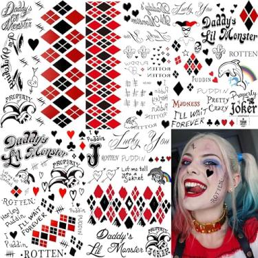 Imagem de 5 folhas de tatuagens temporárias HQ Halloween para mulheres, homens e adultos, tatuagens de rosto de coringa, kit de maquiagem de Halloween, adesivos de tatuagem de Halloween falsos de rapper