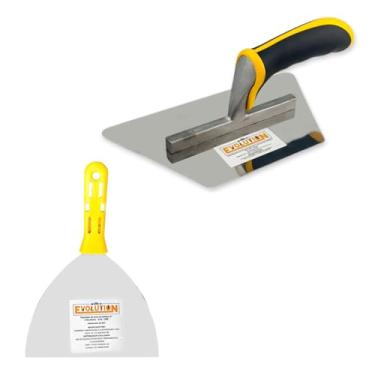 Imagem de Espátula 15,24cm + Desempenadeira Trapézio 23,5x13 Rígido Evolution Cimento Queimado Massa Corrida Acabamento Profissional Kit