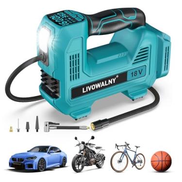 Imagem de Bomba de ar portátil de compressor de ar sem fio compatível com bateria Makita de 18 V - Bomba automática LIVOWALNY 160PSI com medidor de pressão digital para pneus de carro, bicicleta, balões (sem