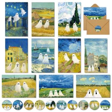 Imagem de Whaline Pacote com 50 cartões de Halloween fantasmas fofos cartões de felicitações com envelopes adesivos de cola em branco para convites de festa, 10 x 15 cm