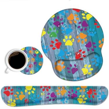 Imagem de Apoio de pulso e mouse pad de teclado conjunto de suporte de pulso, base de poliuretano antiderrapante, mousepad ergonômico para jogos para escritório em casa, estudo, digitação fácil e alívio da dor, placa de madeira rústica colorida com estampa de pata