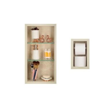 Imagem de Nicho Em Porcelanato Com Prateleira De Vidro E Porta Papel Higiênico -