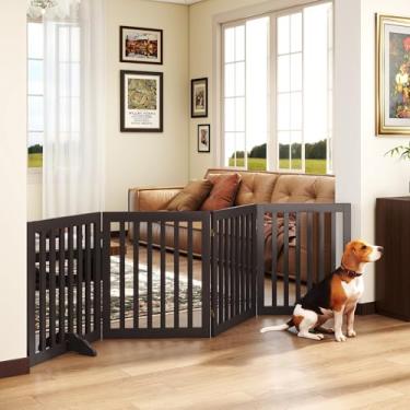 Imagem de PUPETPO Portões de cachorro independentes de 61 cm A para casa, portões de madeira para animais de estimação, portão extra largo para escadas, pés de suporte incluídos, 4 painéis de 203 cm de largura