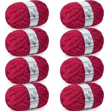 Imagem de Cozyful Fio grosso para tricô à mão - fio de chenille grosso nº 10, fios grandes e grossos para crochê, fios de cobertor de malha super volumosos, 8 novelos (25 jardas 227 g cada novelo), vermelho