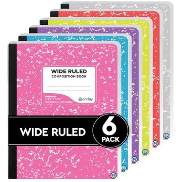 Imagem de Enday Cadernos de composição, papel pautado largo, capas de caderno de composição de mármore colorido, 100 folhas (200 páginas), livros de composição, cores sortidas, cadernos de mármore largos pautados para escola, pacote com 6