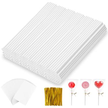 Imagem de LOYORTY Kit de palitos e envoltórios de bolo de 1500 peças, incluindo 500 palitos de pirulito de papel, 500 sacos de bolo, 500 peças de laços dourados torcidos para pirulito, doces duros, ventosas