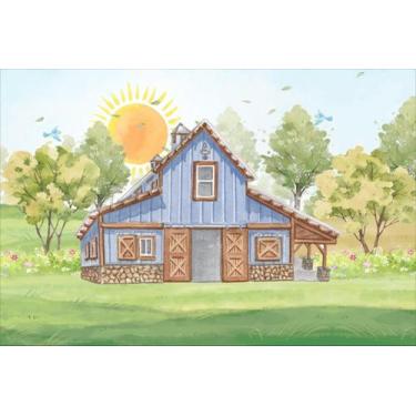 Imagem de Painel de Lona Celeiro Bosque Ensolarado Aquarelado - Fabrika de Festa