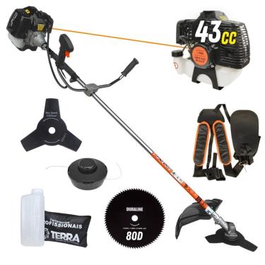 Imagem de Roçadeira À Gasolina GRH-430 Terra 2 Tempos 43cc 1,7HP Alta Rotação Cortador de Grama Completo Com Carretel de Nylon + Faca 3 Pontas + Faca 80 Dentes