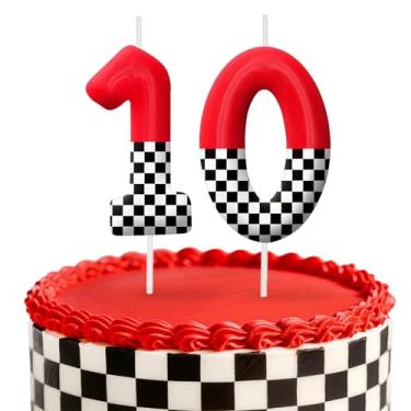 Imagem de Velas de aniversário de carro de corrida, decoração de topo de bolo de 6 cm, bandeira quadriculada número 10 velas, decorações de aniversário, decorações de bolo de festa de aniversário, suprimentos