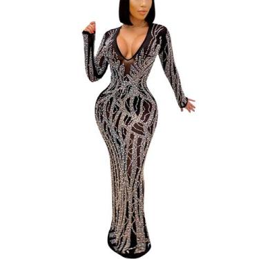 Imagem de Vestido longo PORRCEY Hot Drilling Rhinestone Party Club preto