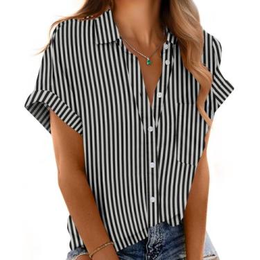 Imagem de Blusa Mintreus de manga curta feminina com botões, listras pretas