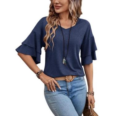 Imagem de Blusa túnica feminina Sialois com decote em V, manga 3/4, babado, azul