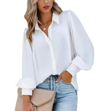 Imagem de Blusa Zeagoo Fashion, manga comprida, abotoada, branca, feminina