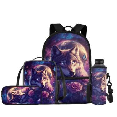 Imagem de Mochila JEOCODY Cool Wolf para crianças com lancheira e estojo para lá