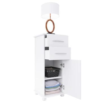 Imagem de Armário Vertical Branco com 2 Gavetas e 1 Porta, Móvel Multiuso com Rodízios, Base para Abajur