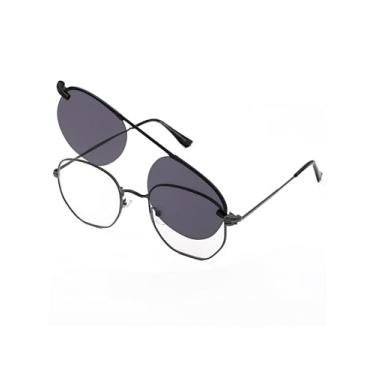 Imagem de Armação de Óculos Hexagonal Para Grau Clip On 2 em 1 Polarizado Modelo Ângulus Fixação Magnética Imã S8009 Unissex (Chumbo)