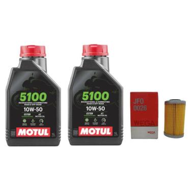 Imagem de Kit TROCA ÓLEO 2L SEMI SINTÉTICO MOTUL 5100 4T 10W50 1L  + 1 filtro Oleo JFO0026 WEGA BAJAJ DOMINAR 200 400