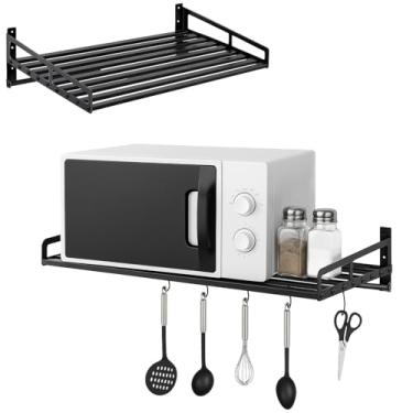 Imagem de Otoolling Suporte de parede para micro-ondas, prateleira de forno de 69 x 38 cm com trilho de gancho, suporte de bancada de aço carbono preto para cozinha doméstica, suporte de suporte para forno