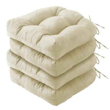 Imagem de IPYNBAP Conjunto de 4 almofadas de cadeira para ambientes externos, almofadas de móveis de pátio para cadeira de vime, 48 x 48 cm, almofadas de assento para ambientes externos com laços, almofadas