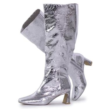 Imagem de RF ROOM OF FASHION Botas femininas plus size bico quadrado altura do joelho (largura larga na panturrilha), PU prata (salto de 5,7 cm), 7.5 Wide