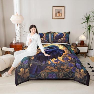 Imagem de Manfei Conjunto de edredom queen com corvo exótico, gótico, flores roxas, folhas, edredom acolchoado vintage para crianças, adolescentes, meninas, animais rústicos, plantas, 2 fronhas