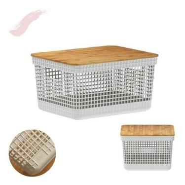 Imagem de Cesto Organizador Grid com Tampa de Bambu 8L  Multiuso para Cozinha, C