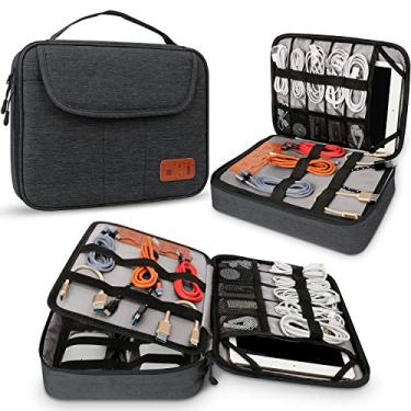 Imagem de Bolsa organizadora de cabos, bolsa de acessórios eletrônicos com camada dupla para viagem à prova d'água, bolsa organizadora para iPad, Kindle, discos rígidos, cabos, carregadores, carregador portátil e muito mais (preto)