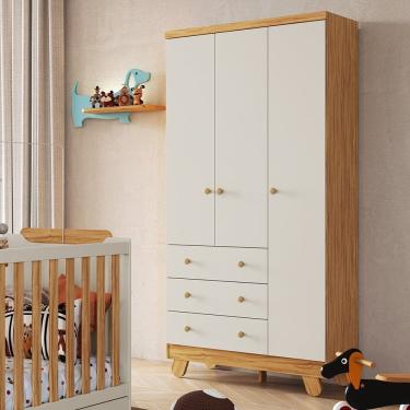 Imagem de Guarda-roupa Infantil 3 Portas 3 Gavetas 92cm Levy Espresso Móveis Amêndoa/Off-White