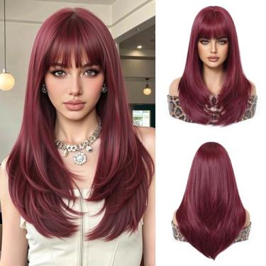 Imagem de Esmee Peruca longa lisa vinho tinto para mulheres com franja peruca de cabelo sintético natural ombré para uso diário e festa