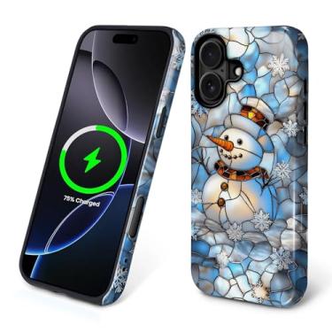 Imagem de Capa para iPhone 16 [compatível com MagSafe], silicone macio brilhante + capa protetora 2 em 1 de policarbonato rígido antiarranhões à prova de choque para mulheres e homens - boneco de neve de vitral