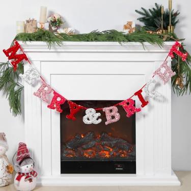 Imagem de Oudain Guirlanda de Natal com lantejoulas quadradas Merry & Bright 1,8 m, faixa rosa e vermelha com glitter, faixas de Feliz Natal, decorações internas para decoração de festa de escritório em casa