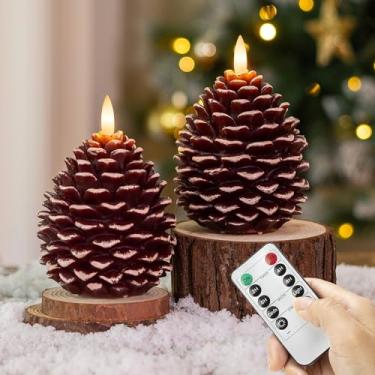 Imagem de AFINETH Velas de Natal com controle remoto, vela em forma de pinho marrom de cera real com bateria de neve, velas sem chama de Natal para celebração de ano novo, pacote com 2