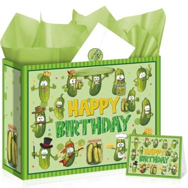 Imagem de Bolsa de aniversário grande para pickles com papel de embrulho, adesivo de cartão de aniversário, envelope de frutas, vegetais, pepino, decorações de festa, brindes para meninos e meninas, 35 cm